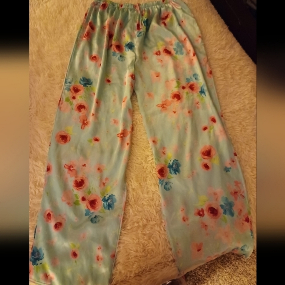 Cozy Casual Floral Satin Pajama Pants Light Blue Pink With Draw String